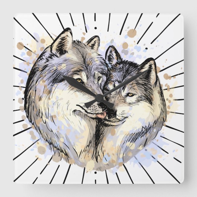 Horloge Carrée Loyauté et amour dans la nature (Wolf Love) (Recto)