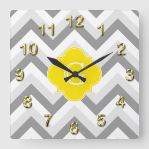 Horloge Carrée Lt Deux Gris Blanc Chevron Jaune Monogramme