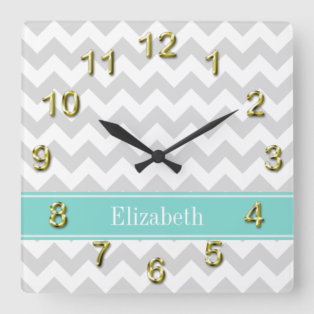 Horloge Carrée Lt Gray Wht Chevron Aqua Turquoise Nom monogram (Recto)