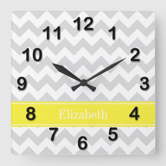 Horloge Carrée Lt Gris Wht Chevron Jaune Monogramme Nom (Recto)