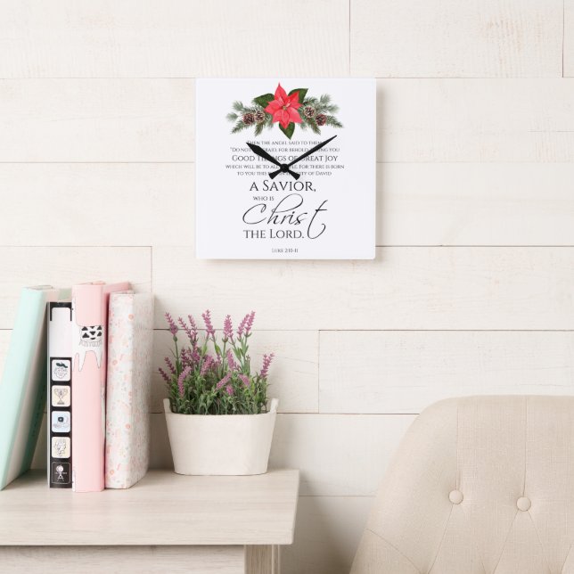 Horloge Carrée Luc 2:10-11 Bon Tidings Poinsettia Noël (Salle de lecture)