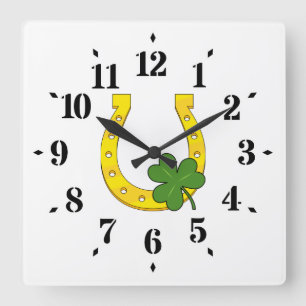 Horloge Carrée Lucky Golden Horseshoe avec Shamrock en blanc