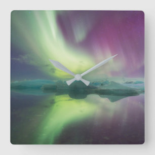 Horloge Carrée Lumières d'Aurora dans la lagune   Jokulsarlon, Is
