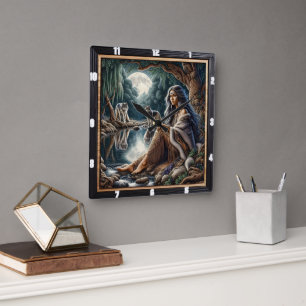 Horloge Carrée Luminaire Lune natif : Art du gardien de la sagess