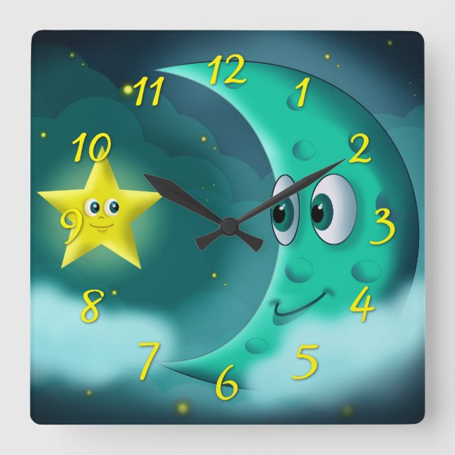 Horloge Carrée Lune bleue et étoile jaune (Recto)