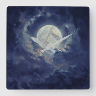 Horloge Carrée Lune - Conception Artistique Éthérée