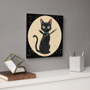 Horloge Carrée Lune de chat noir atomique futuriste