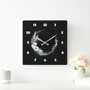 Horloge Carrée Lune de croissant bleu avec fleurs blanches