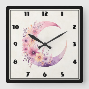 Horloge Carrée Lune rose Croissant avec de jolies fleurs