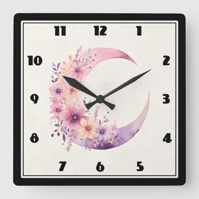 Horloge Carrée Lune rose Croissant avec de jolies fleurs (Recto)