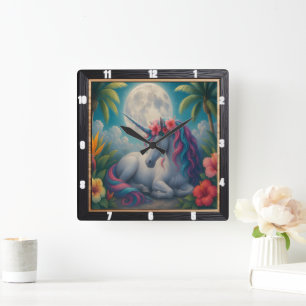Horloge Carrée Lune Unicorne Fleurs tropicales