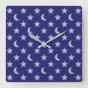 Horloge Carrée Lunes bleues et étoiles motif