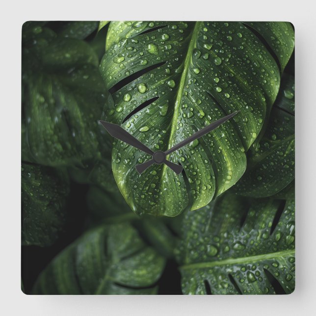 Horloge Carrée Lush Monstera Leaves with Morning Dew Drops (Recto)