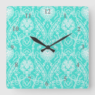 Horloge Carrée Luxe Turquoise & Blanc Damas Motif décoratif