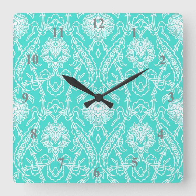 Horloge Carrée Luxe Turquoise & Blanc Damas Motif décoratif (Recto)