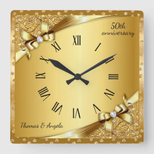 Horloge Carrée Luxueux 50e Anniversaire Métal Doré et Diamant