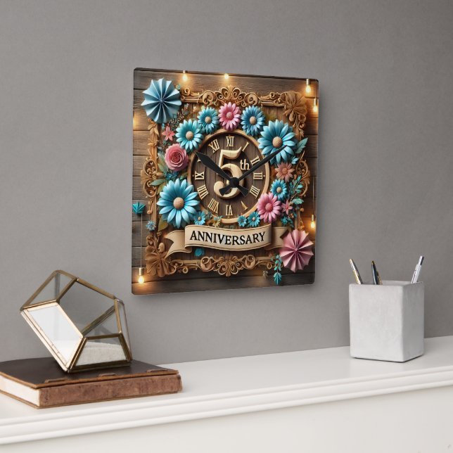 Horloge Carrée Luxueux 5e anniversaire de Mariage (Bureau)