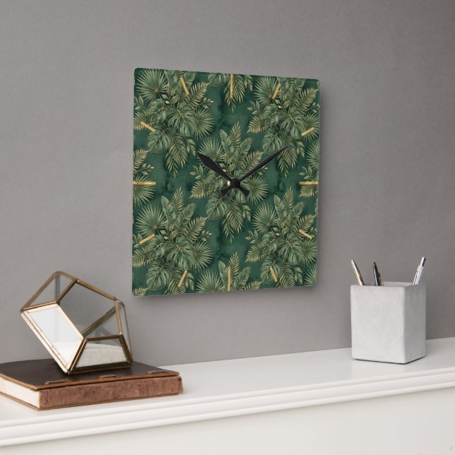 Horloge Carrée Luxury Green Gold Tropical Leaves Pattern (Bureau)