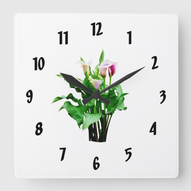 Horloge Carrée Lys Calla rose et blanc (Recto)