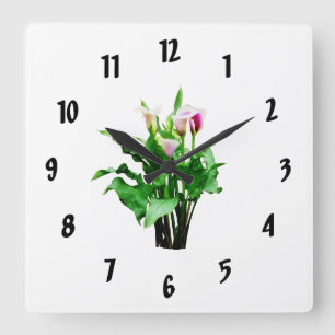 Horloge Carrée Lys Calla rose et blanc