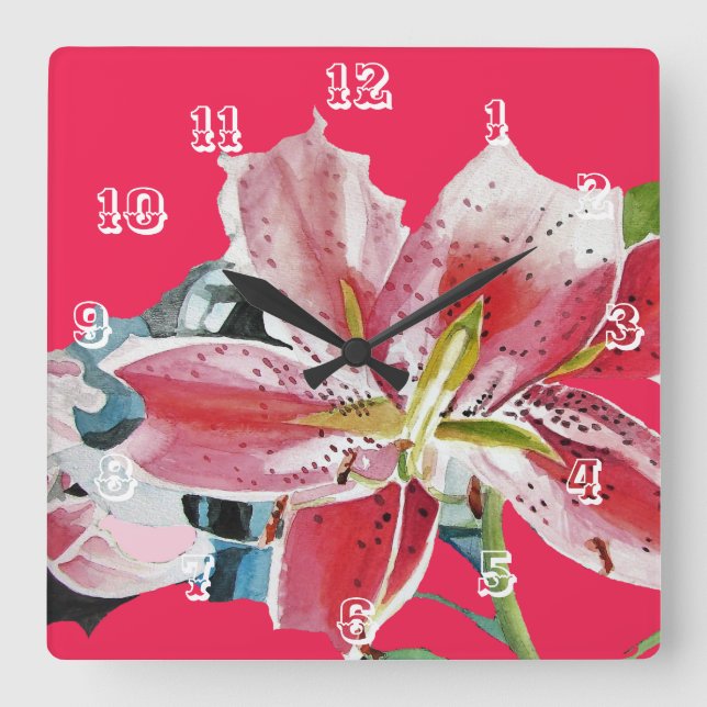 Horloge Carrée Lys Rouge Lilies Art Floral Aquarelle Fleur  (Recto)