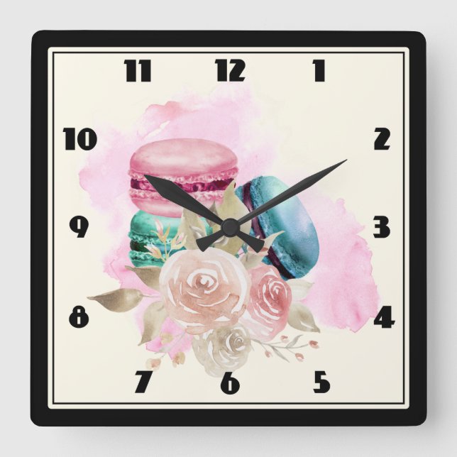 Horloge Carrée Macarons et fleurs colorés Aquarelle (Recto)