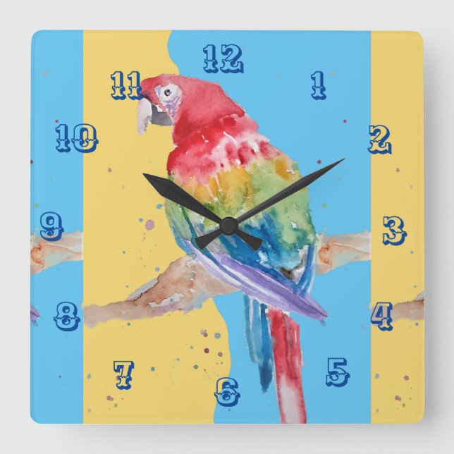 Horloge Carrée Macaw Watercolor Parrot Bird Childrens (Recto)