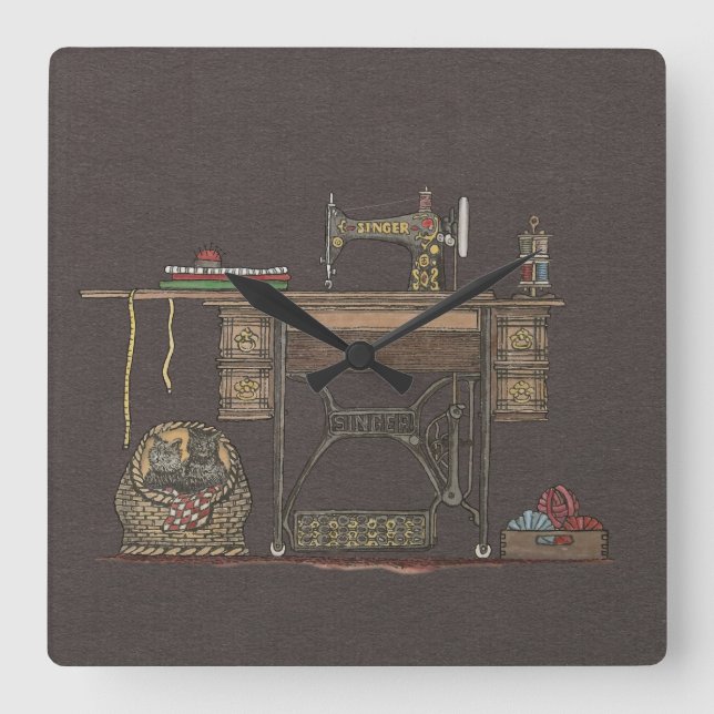Horloge Carrée Machine à coudre et chatons (Recto)