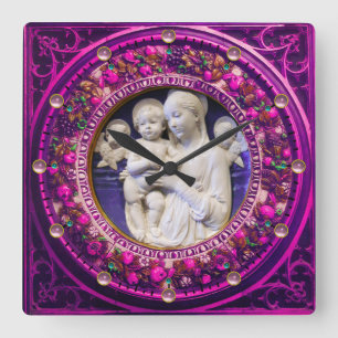 HORLOGE CARRÉE MADONNA AVEC ENFANT, ANGES FLORAL RENAISSANCE COUR