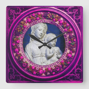 HORLOGE CARRÉE MADONNA AVEC ENFANT ROSE FLORALE RENAISSANCE COURO