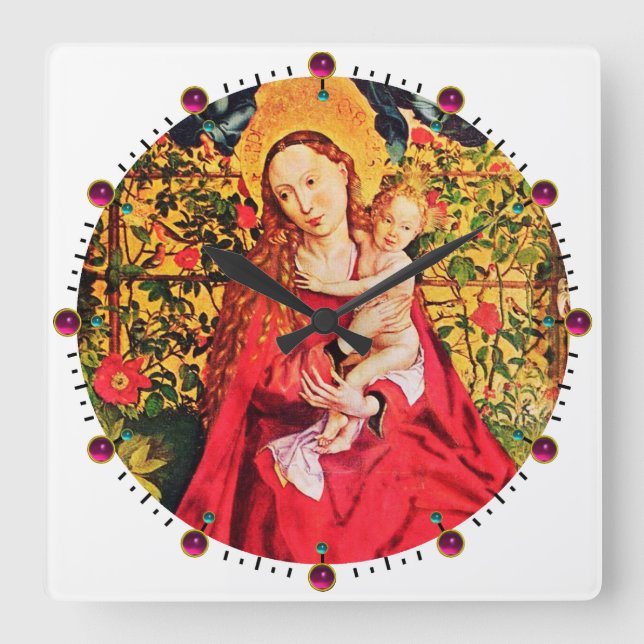 Horloge Carrée MADONNA OF THE ROSE BOWER, PINK FUCHSIA GEMS, Whit (Recto)