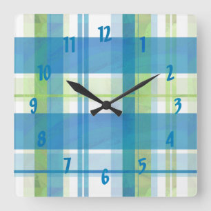 Horloge Carrée Madras Plaid Green et Blue