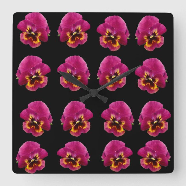 Horloge Carrée Magenta Pansies (Recto)