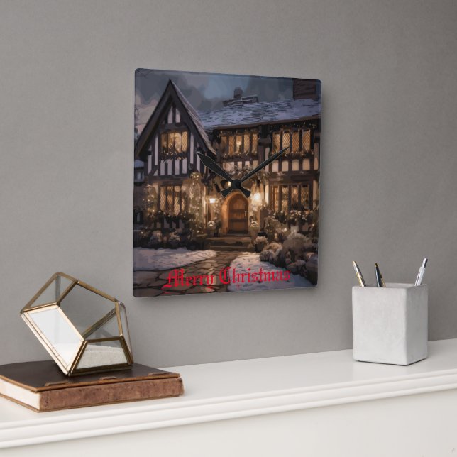Horloge Carrée Magie de Noël rustique (Bureau)