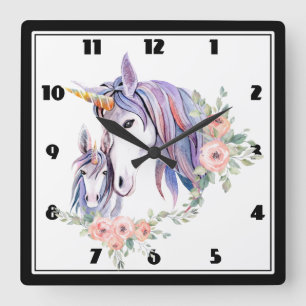 Horloge Carrée Magique Unicorne maman & bébé aquarelle