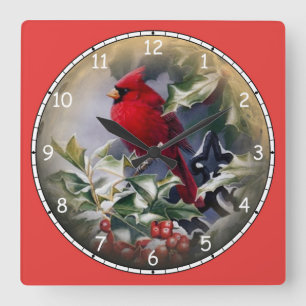 Horloge Carrée Magnifique cardinal rouge vif