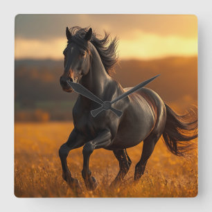 Horloge Carrée Magnifique Cheval Étalon Noir Paysage de Coucher d