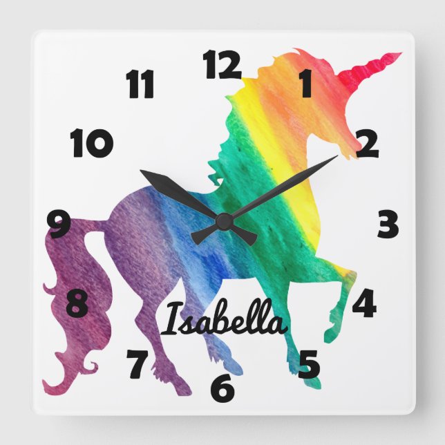 Horloge Carrée Magnifique Rainbow Unicorn Personnalisé Enfants Gi (Recto)