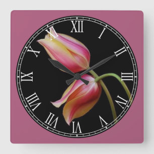 Horloge Carrée Magnifique Tulipes chiffres romains