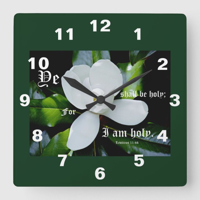Horloge Carrée Magnolia méridionale avec Leviticus 11:44 (Recto)