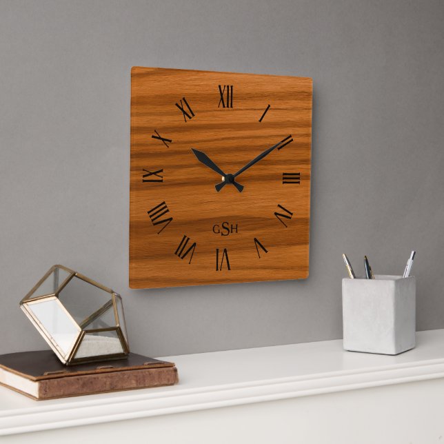 Horloge Carrée Mahogany Bois Texture Numéros romains (Bureau)