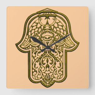 Horloge Carrée Main de henné de Hamsa (d'or)