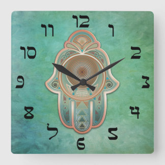 Horloge Carrée Main de Miriam (Hamsa) en cuivre et vert