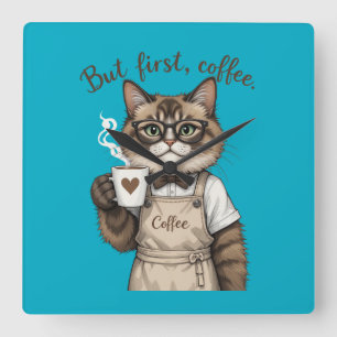 Horloge Carrée Mais d'abord, chat café