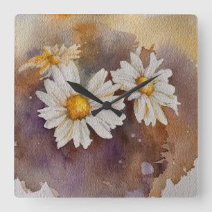 Horloge Carrée Maisies dans la brume d'aquarelle