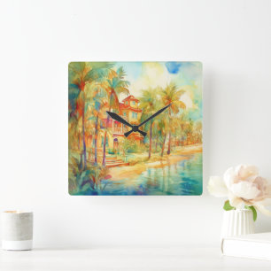 HORLOGE CARRÉE MAISON BALNÉAIRE EN COULEUR D'EAU PASTEL SUR LA PL