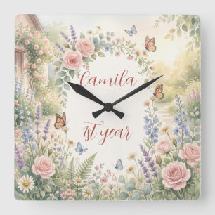 Horloge Carrée Maison de rêve personnalisée avec florales aquarel