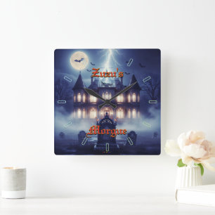 Horloge Carrée Maison d'Halloween avec Frankie, bleu foncé