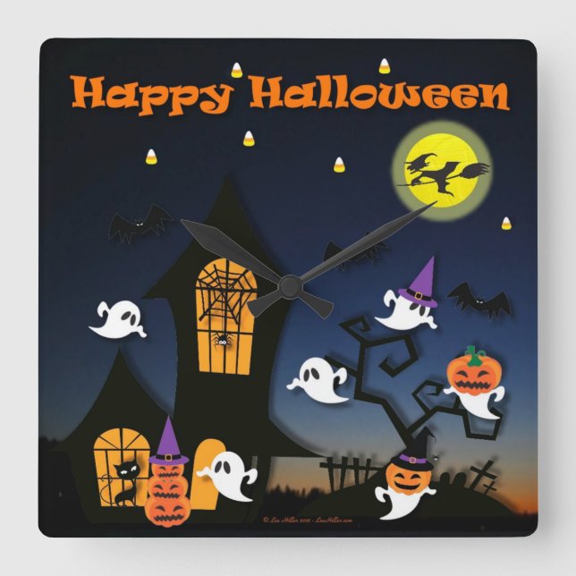 Horloge Carrée Maison hantée joyeuse Halloween (Recto)