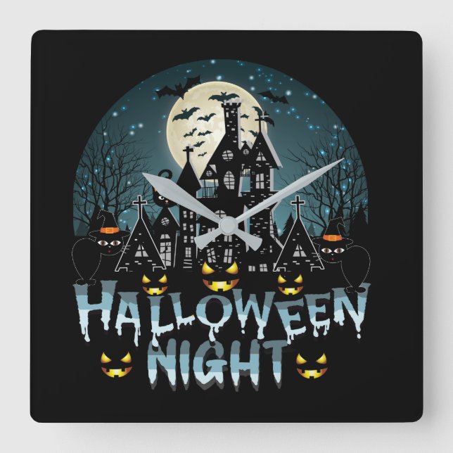 Horloge Carrée Maison hantée, Soirée d'Halloween effrayante (Recto)